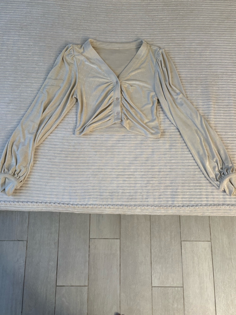 Cream Slinky Button-Front Long Sleeve Top